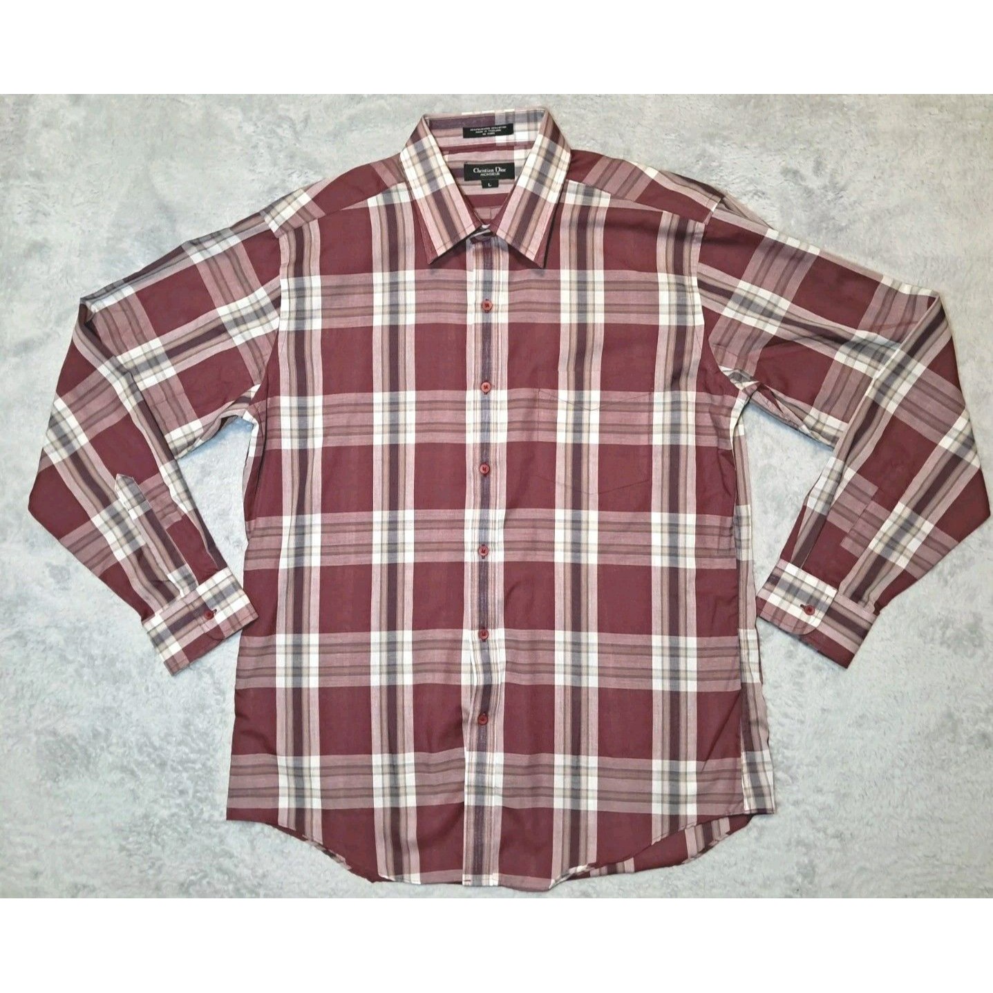 Christian Dior Shirt Mens L Burgundy Red Plaid Monsieur Long Sleeve Button Up